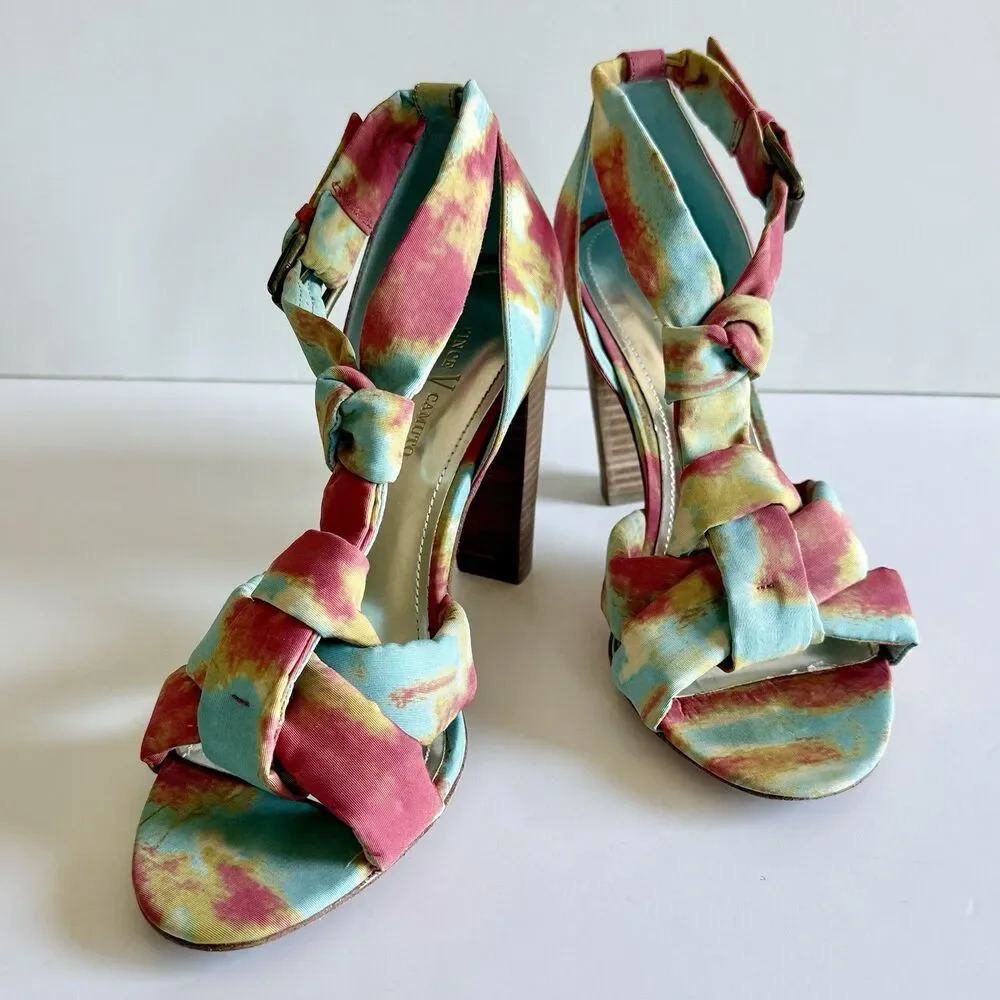 Vince Camuto Tie Dye Fabric Buckle Sandals High Block Heels Women's Size 9.5B